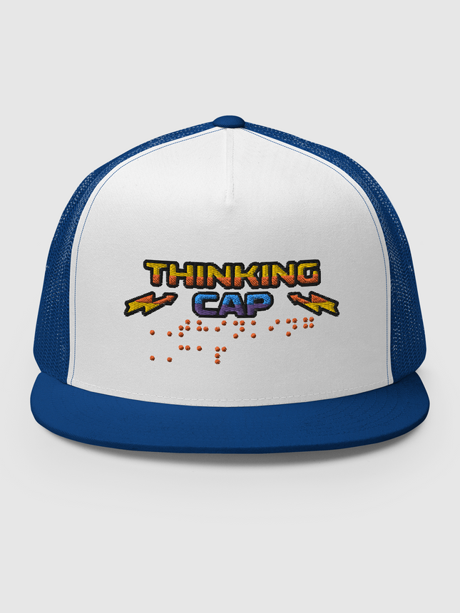 Stranger Things Thinking Cap Braille Embroidered Trucker Cap [Royal/ White]