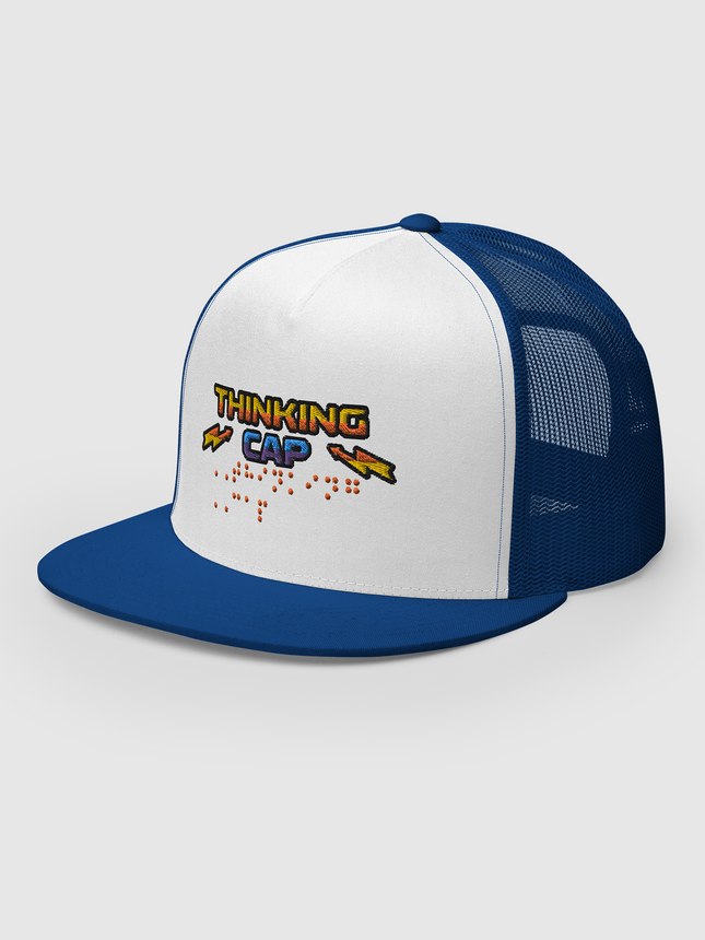 Stranger Things Thinking Cap Braille Embroidered Trucker Cap [Royal/ White]